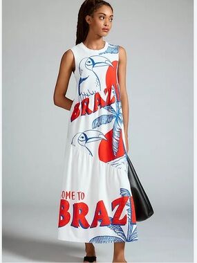 FARM Rio Anthropologie Brazil White Maxi Dress Red & Blue Tropical Print Medium